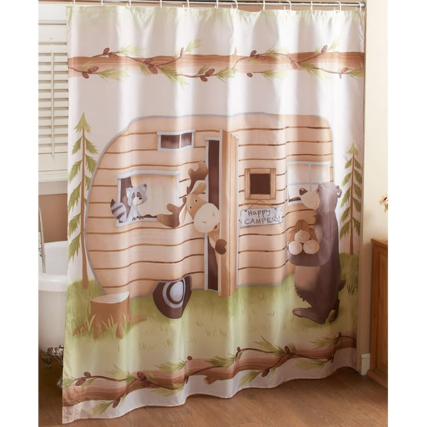 Woodland Creatures Shower Curtain with with Camping Bear, Moose, Racoon