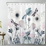 HVEST Watercolor Flower Shower Curtain,Abstract Black Pink Flowers and Dragonfly on White Background Bathroom Shower Curtain Modern Aesthetics Polyester Fabric Decor Curtain with Hooks, 69X70 inch