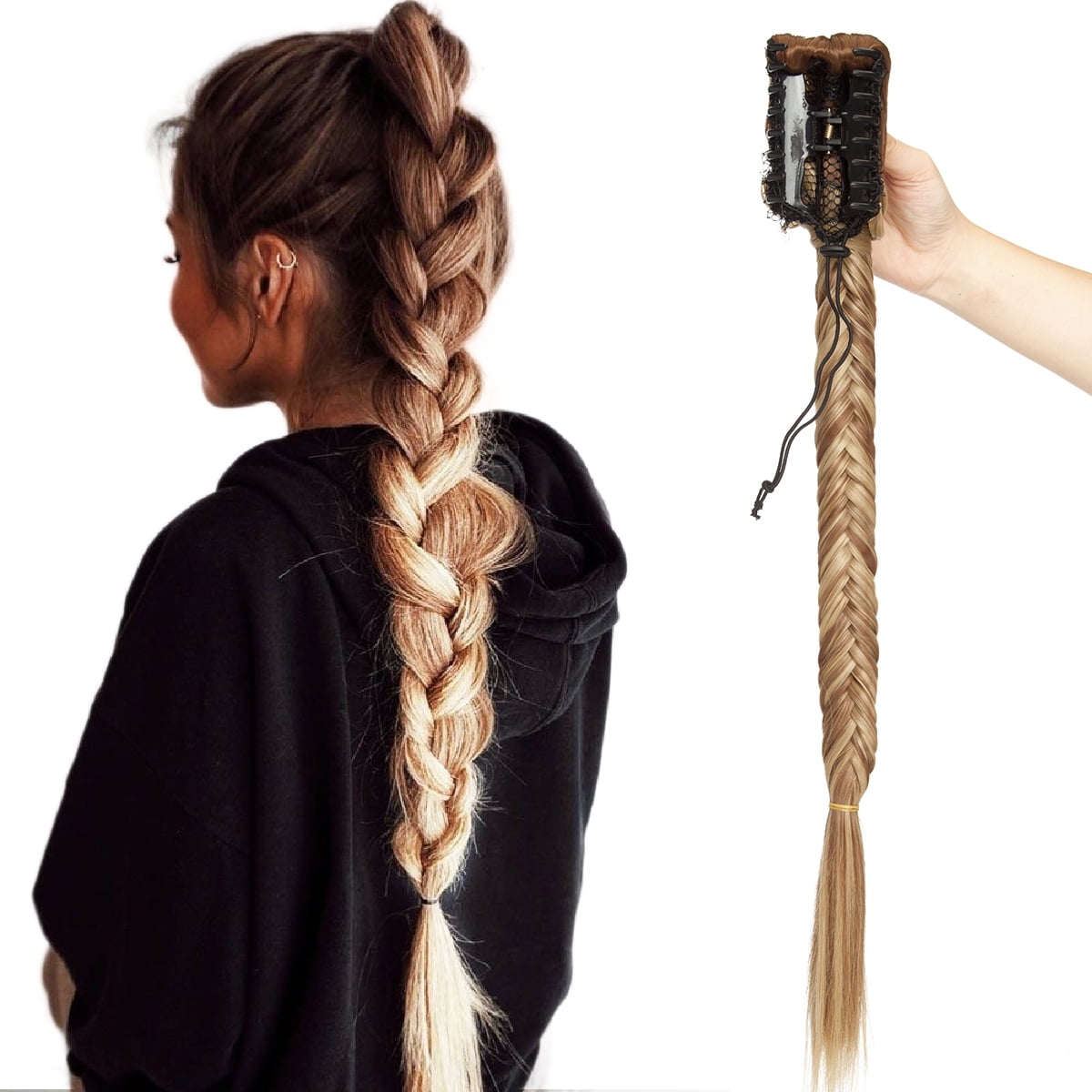 Snoilite 21 Inches Ponytail Fishtail Braid Extension Long Clip on Bun