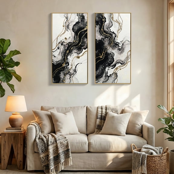 MOONMISS 20x40in Abstract Black Gold Painting Set of 2 Framed Canvas Wall Art Minimalist Modern for Living Room Bedroom Hallway Decor