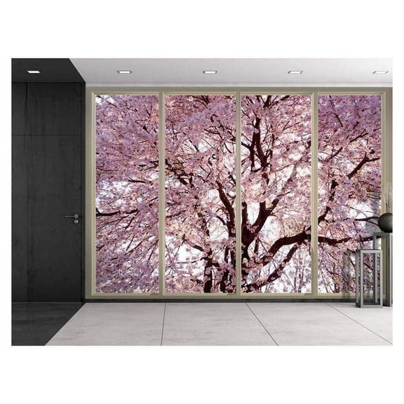 Wall26 - Branches Filled with Pink Cherry Blossom Flowers Viewed from Sliding Door - Creative Wall Mural, Peel and Stick Wallpaper, Home Decor - 100x144 inches