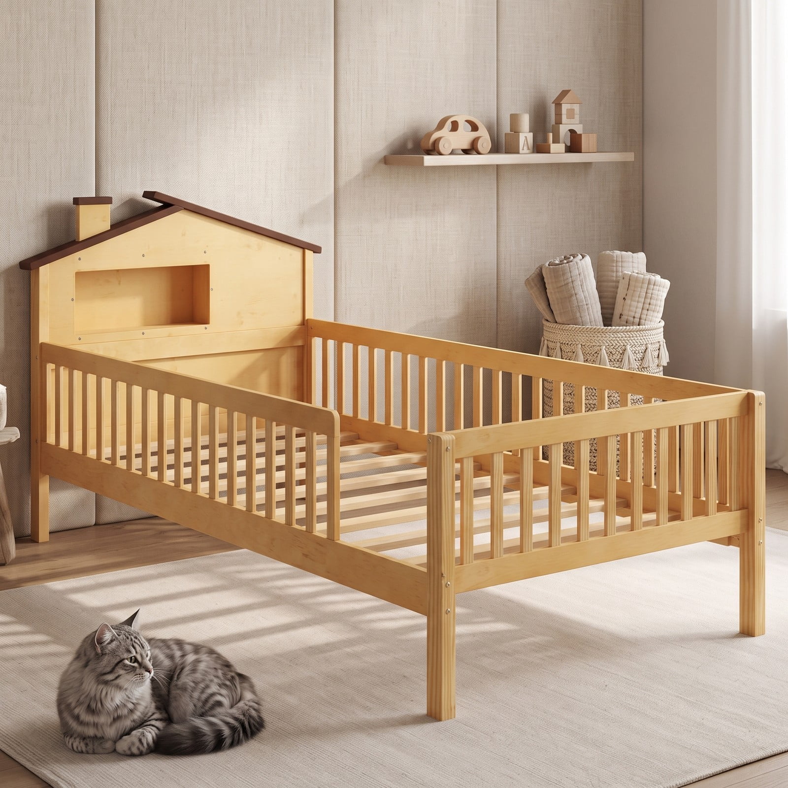 Furnibear Full Size Bed Frame Kids Montessori Floor Bed with House Headboard, Storage Shelf and Full-Length Guardrails, Natural