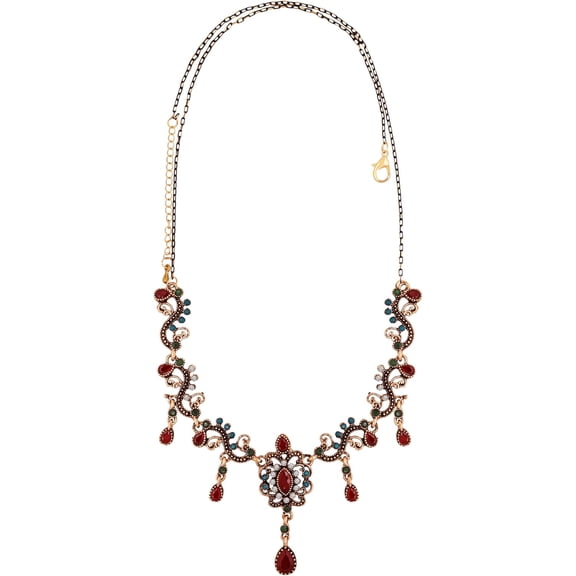 Medieval Vintage Love Flower Pendant with Red Green Sparkle Glass Bead Necklace, Royal Temperament Christmas Necklace Jewelry for Women