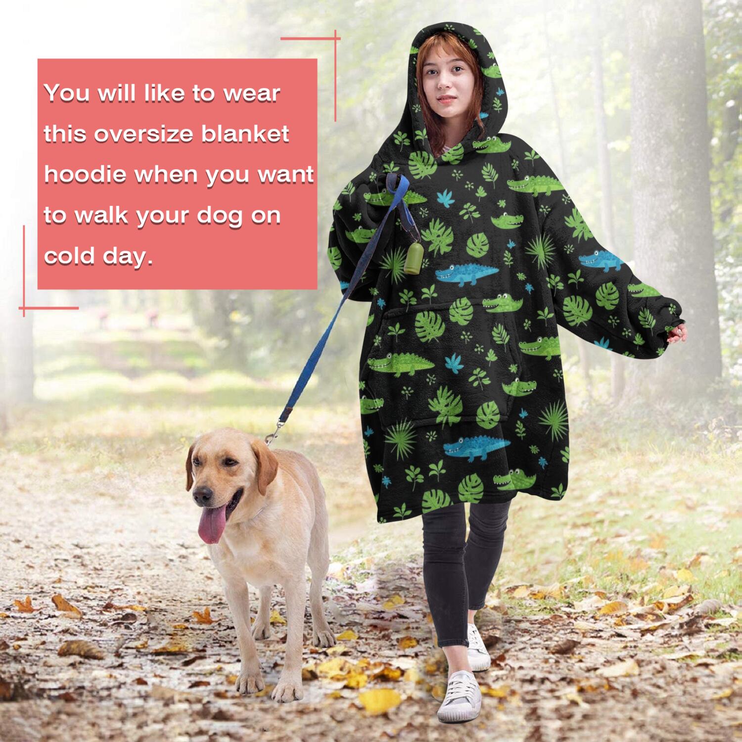Wearable Oversized Blanket,Black Cartoon Crocodiles Leaves Pattern Wearable Blanket Hoodie for Adults,Cozy Hooded Blankets with Super Pockets,Super Warm Fuzzy Pullover for Women & Men