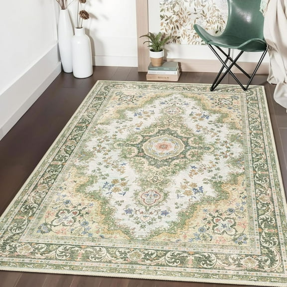 Green Rug,Washable Area Rugs For Bedroom Living Room Kitchen Entryway Bedside,Small Boho Vintage Bohemian Distressed Oriental Non Slip Carpet,Sage Floral 5x6ft
