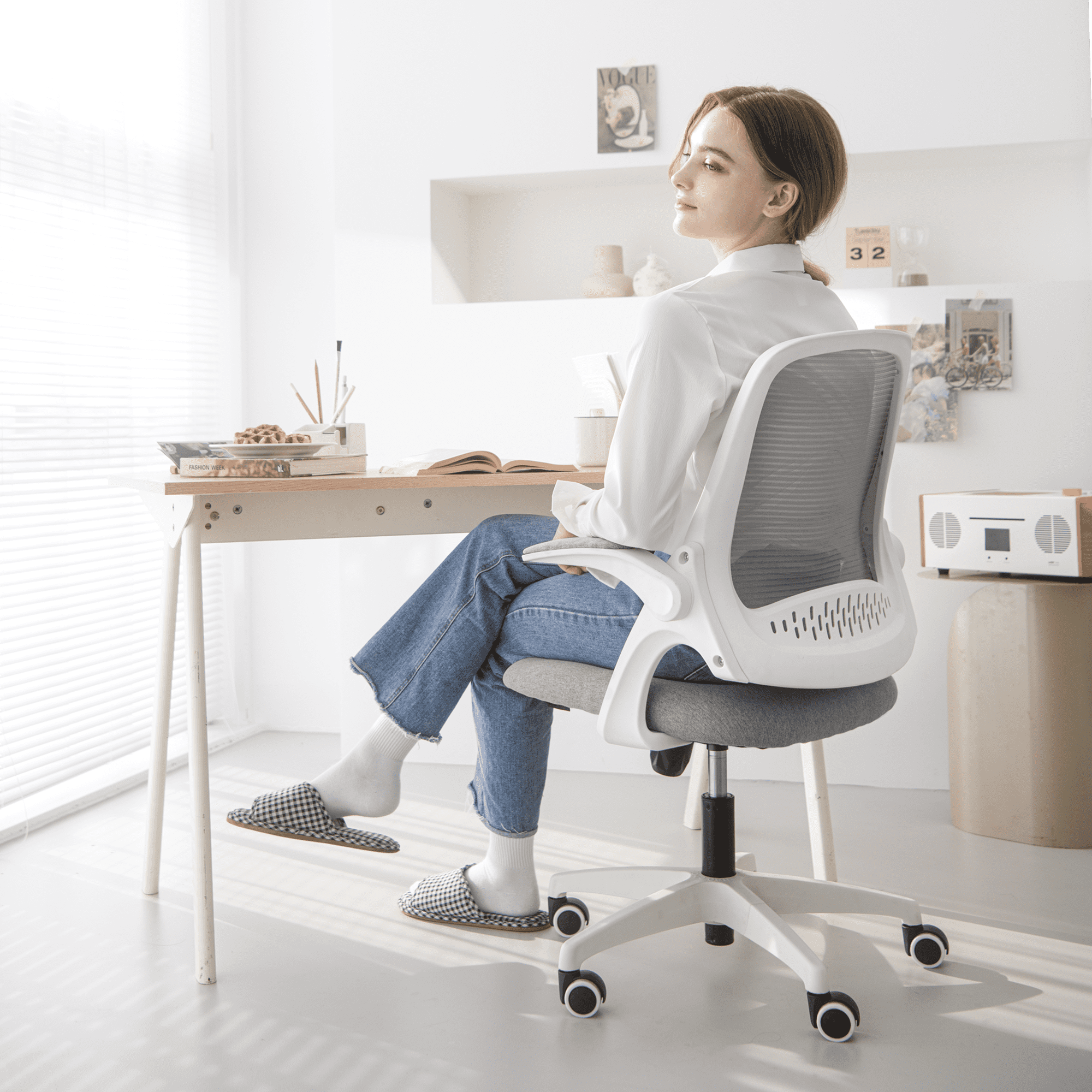 NEO CHAIR Office Chair, Flip-up Padded Armrests Desk Chair, Ergonomic Back Support, Gray