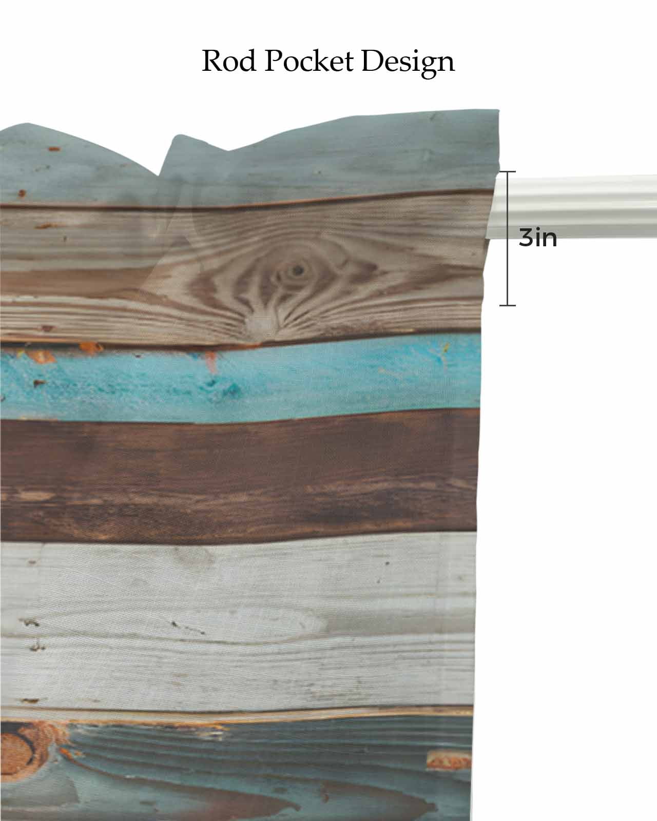 Turquoise Brown Kitchen Valances for Windows Farmhouse Linen Window Valance Curtain for Living Room Window Treatment Vintage Country Ombre Wooden Grain Valance Rod Pocket Topper Drape, 42 x 18 Inch