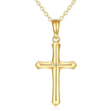 Cross Necklace for Women 14K Yellow Gold Religious Holy Simple Cross Pendant Necklace Jewelry for Her Mother Daughter Wife Jesuits (Three-dimensional cross necklace)