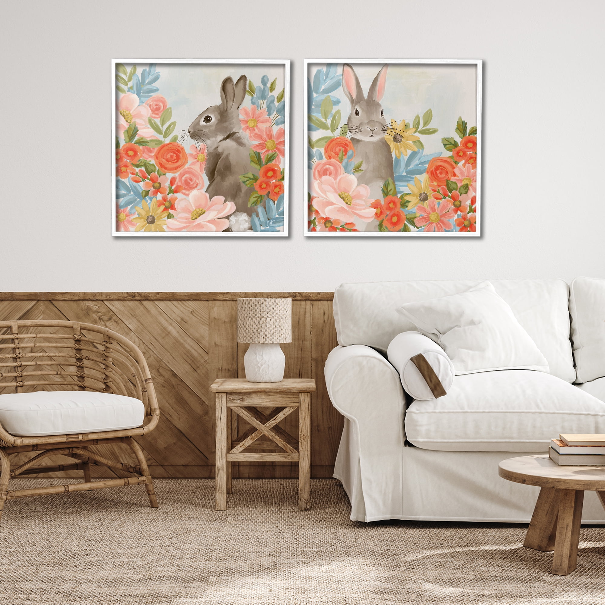 Stupell Industries Bright Bunny Blooms 2 Piece White Framed Giclee Art Set, design by Cat Thurman Designs