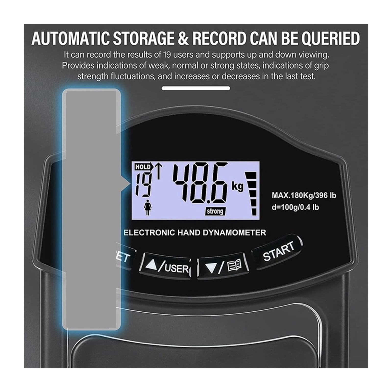 Grip Strength Tester, 396Lbs/180Kg Digital Hand Dynamometer Grip Strength Meter USB LCD Screen Hand Grip Dynamometer