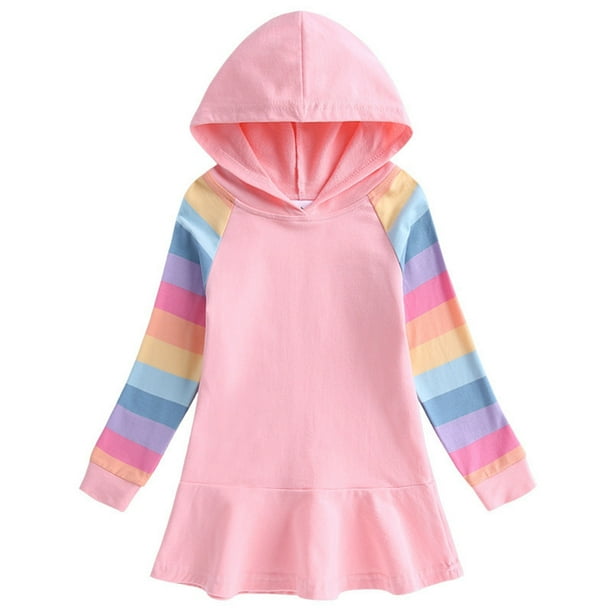 Odeerbi Niñas Sudaderas Con Capucha Vestido Plisado Sudadera de Algodón Vestido Rayas Arco Iris Manga Larga Vestido Suelto