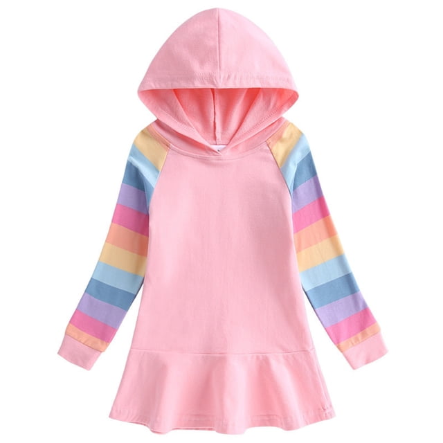 Odeerbi Niñas Sudaderas Con Capucha Vestido Plisado Sudadera de Algodón Vestido Rayas Arco Iris Manga Larga Vestido Suelto
