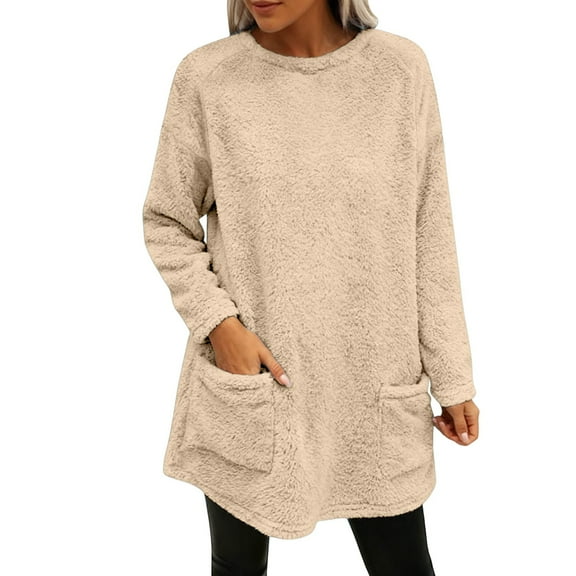 Breezora Winter Warm Fleece Pullover Top For Women Plus Size Loose Fit Long Sleeve Casual Shirt With Pocket Detail L Size Beige