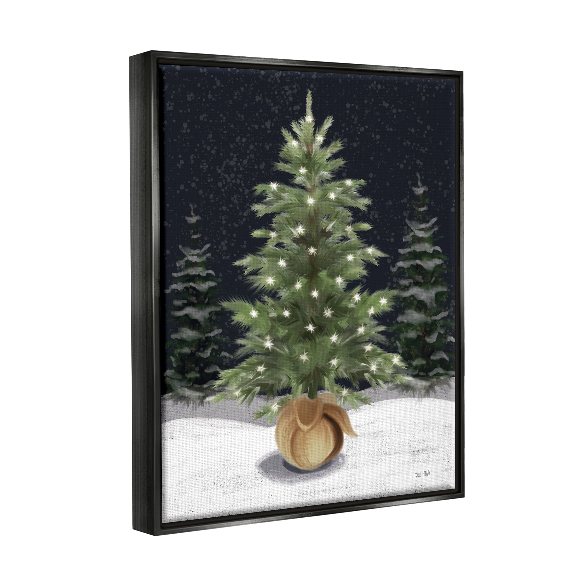 Stupell Industries Christmas Tree Snow Scene Holiday Painting Black Floater Framed Canvas Art Print Wall Art, 25 x 31