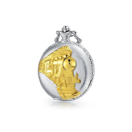 - Two Tone Steam Train Railroad Roman Numerals White Dial Pocket Watch For Men Silver Plating Gold Plated Alloy With Chain