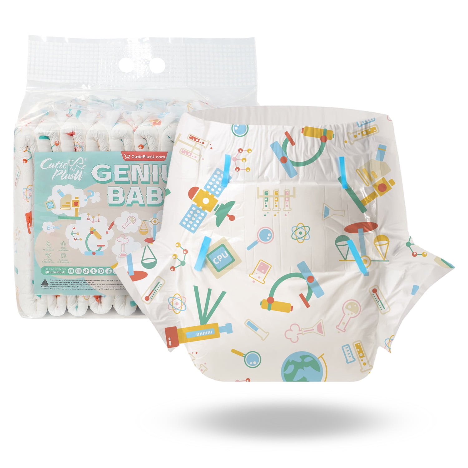 CutiePlusU Adult Diapers 10 Pieces, Disposable Incontinence Briefs with Tabs for Women and Men, Maximum Overnight Absorbency- Genius Baby (Large 37"-47")