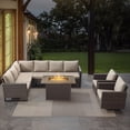 thumbnail image 2 of POCASSY 6PCS Patio Furniture Set with Fire Pit Table - All Weather Brown Wicker Outdoor Sectional Sofa with Swivel Chair and 41" Rectangular Propane Firepit Table for Deck, Porch, Garden - Beige, 2 of 19