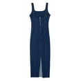 thumbnail image 3 of Autumn New Women's Fitted Back Slit Denim Long Dress-Dark Blue-XS, 3 of 5
