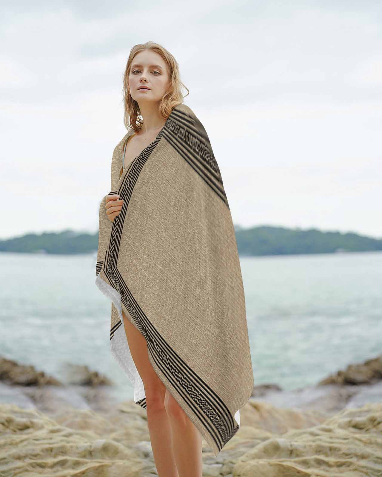 Black Brown Retro Greek Key Beach Towels Oversized Super Absorbent,Geometric Greece Ancient Rustic Lightweight Bath Towel Quick Dry Sets For Bathroom/Pool/Rv Camping/Beach Play/Gym Room 35"x70"