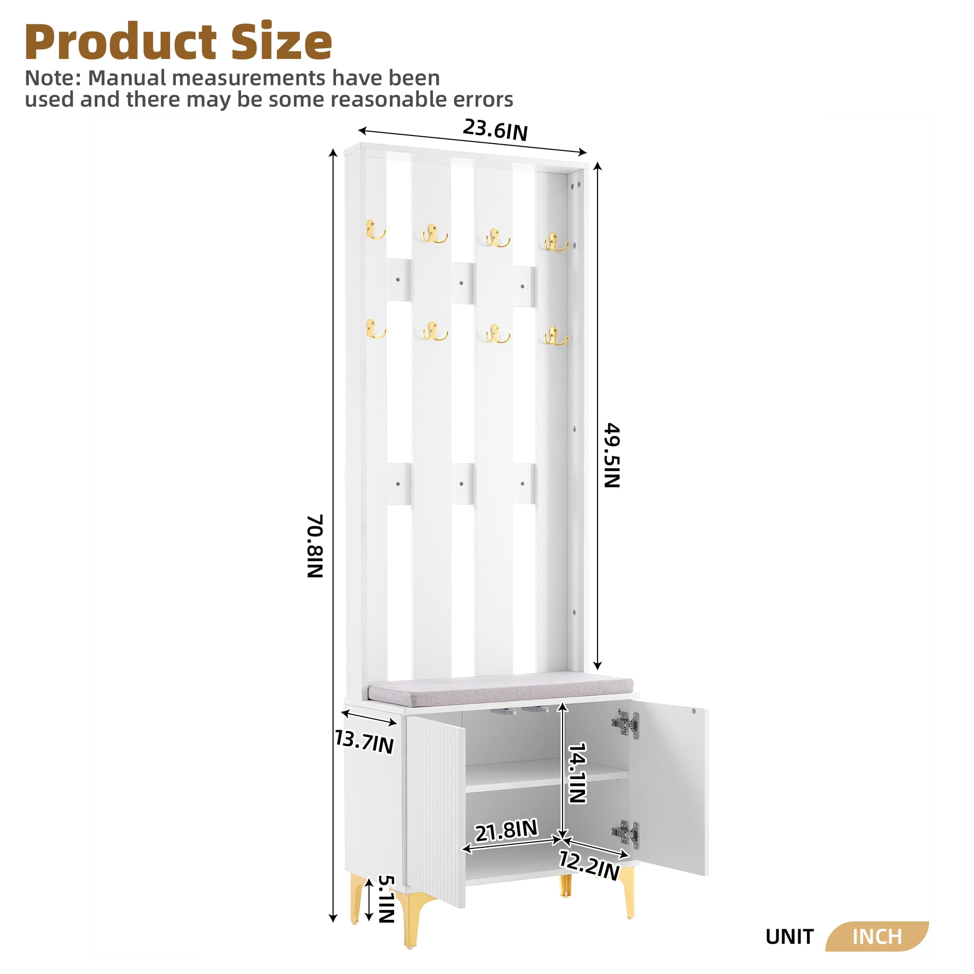 MAYEERTY 4-in-1 Hall Tree: Modern Entryway Bench with Cushion, 8 Gold Hooks, Adjustable Shelves, White
