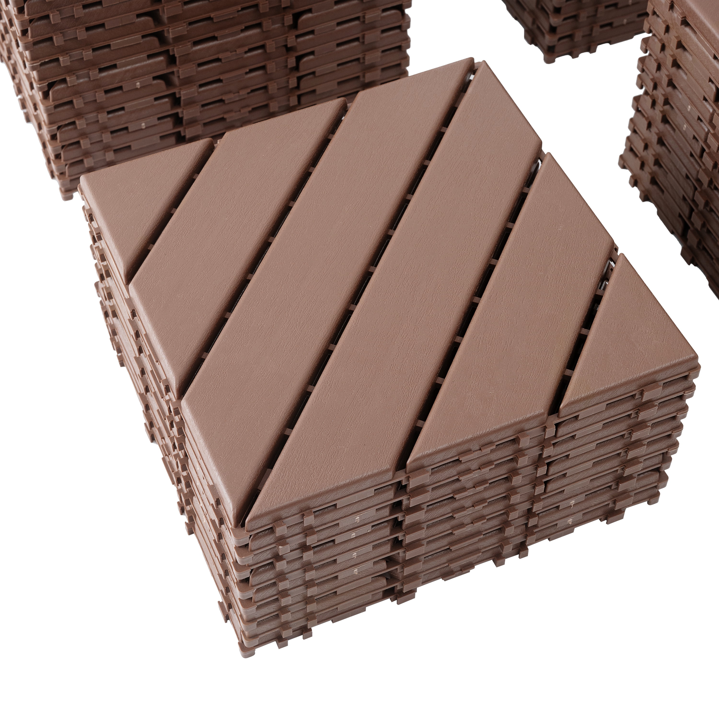 Plastic Interlocking Deck Tiles Set of 44 12x12 Inch, Square Waterproof Outdoor All Weather Tiles for Poolside, Brown