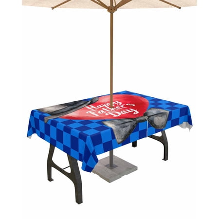 Fsddascl Happy Father s Day Outdoor Tablecloth - 60x120 Inch Rectangle Dining Table Cover Love Bow Blue Check Plaid Waterproof Outdoor Table Cloth with Umbrella Hole & Zipper for Picnic/Patio/Party
