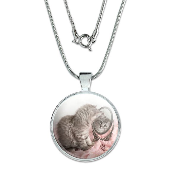 Siberian Cat Kitten Mirror Fairest Of Them All 1" Pendant with Sterling Silver Plated Chain