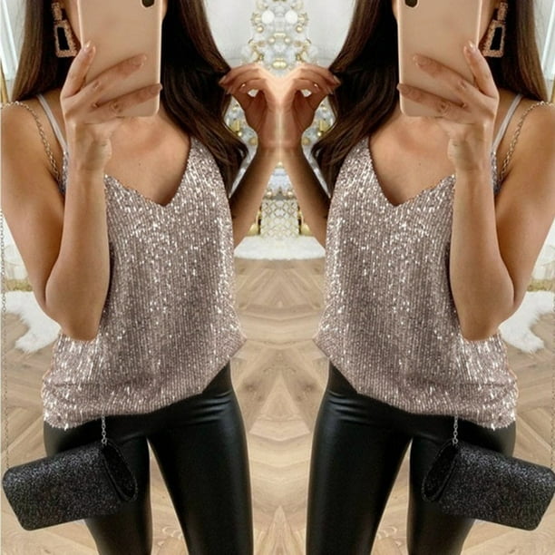 Puntoco Mujeres Glitter Strappy Tank tops Ladies Sexy Cami Swing Vest Clubwear Puntoco Puntoco-4929