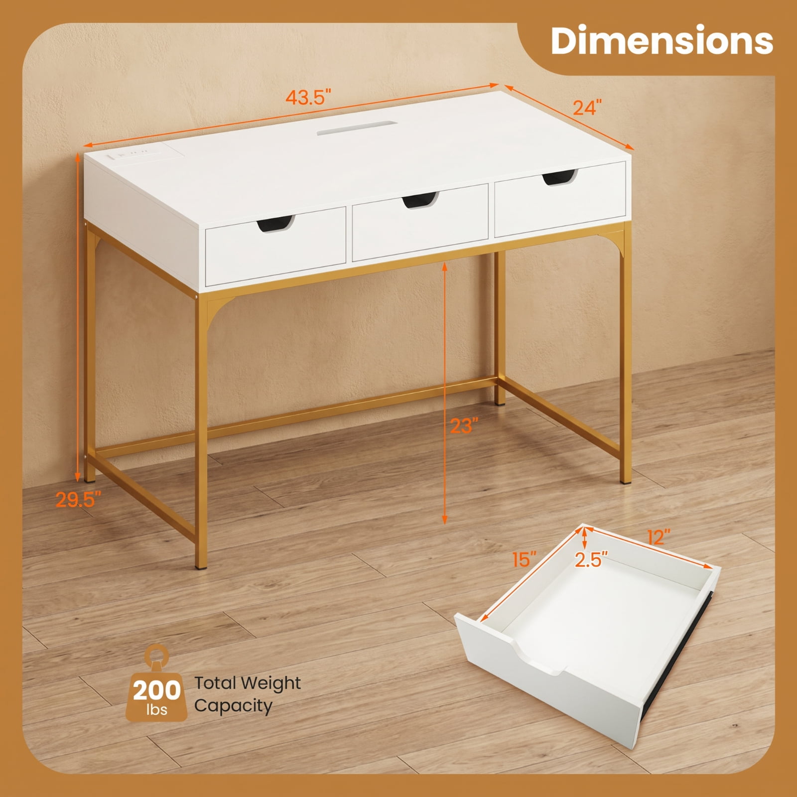 Furnibear Office Desk with Power Outlet and Drawers, Writing Desk with Hidden Storage Compartment and Charging Station for Study, White and Gold