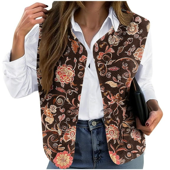 successthop Womens Plus Size Vests Fuzzy Flannel Floral Oversized Waistcoat Button Up Outerwear Winter Floral Coat