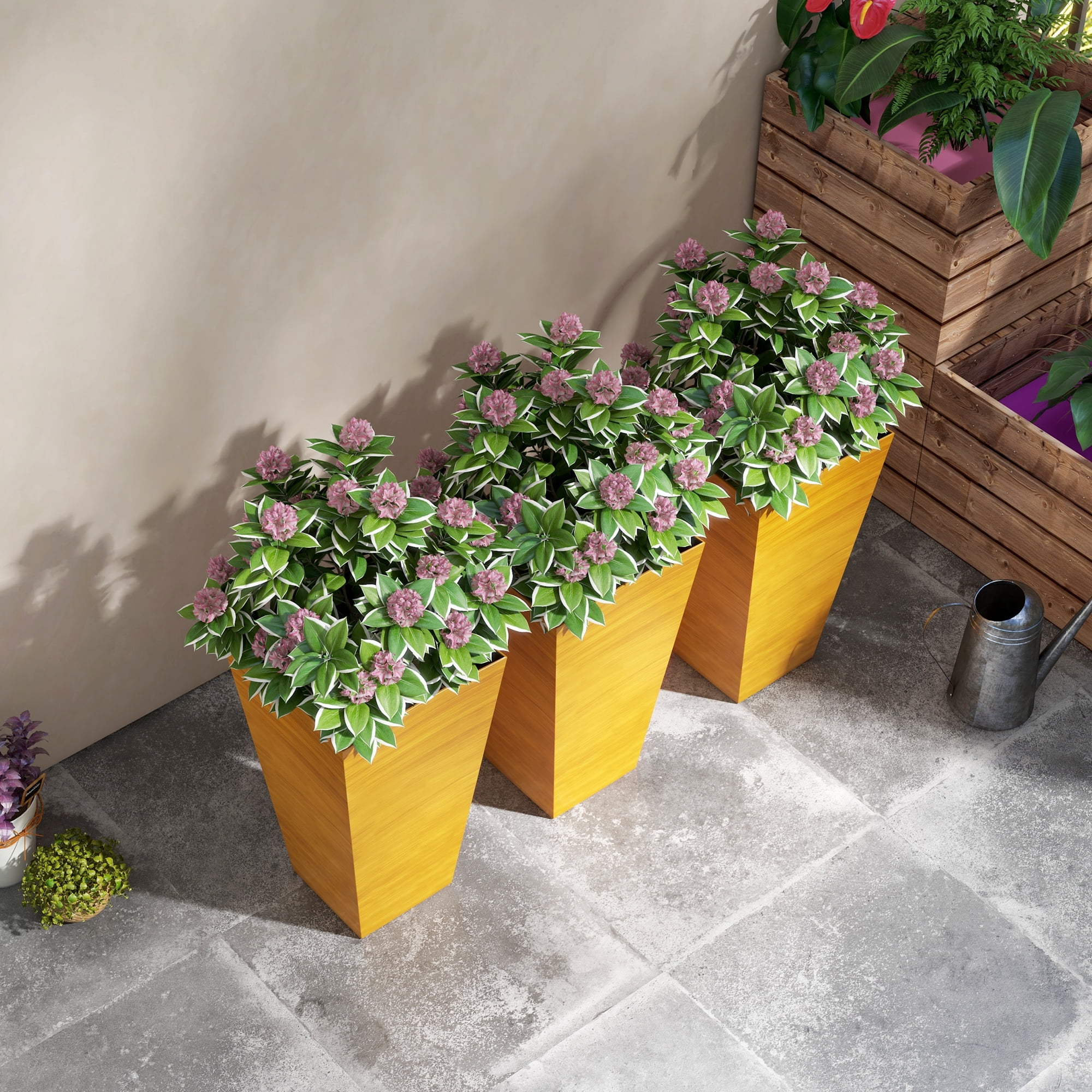 Garden Pots Outsunny 28" Tall Outdoor Planters, Set of 3 Large Taper Planters with Drainage Holes and Plug, Faux Wood Plastic Flower Pots for Outdoor, Indoor, Garden, Patio, Tan,Outdoor Garden Plant