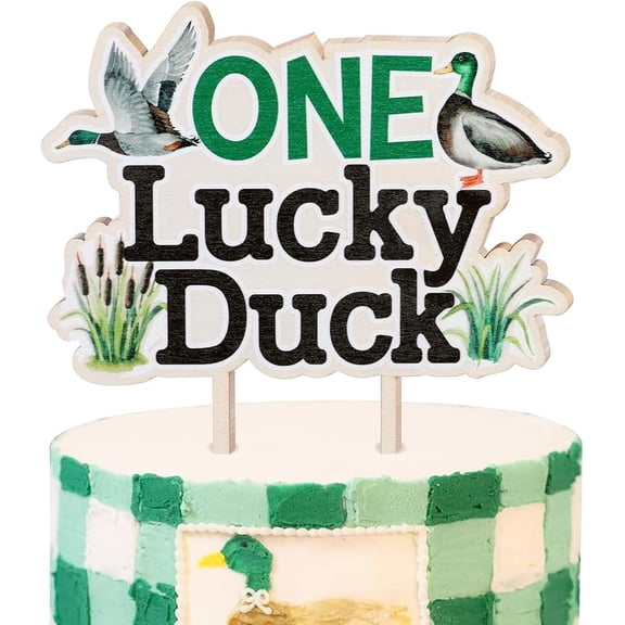 One Lucky Duck Wooden Cake Topper, Mallard Duck First Happy Birthday Cake Decor, Baby Shower Party Cake Decorations Supplies