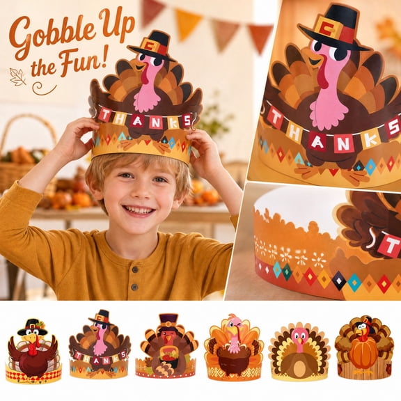 6 Pack Thanksgiving Hats for Adults Kids, Funny Turkey Paper Party Hats with Bendable Matte Cardstock, Fall Harvest Theme Decorations for Classroom Friendsgiving Party
