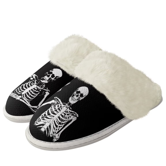 Chririnla Plush House Slippers for Men Funny Skull Warm Plush Bedroom Shoes with Fur Edges, Casual Non-Slip Fuzzy Slippers
