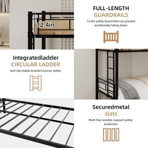 Leumius Twin over Twin Bunk Bed with Trundle,Heavy Duty Metal Bed Frame with Sturdy Guardrail and Ladders,Triple Bunk Bed,Separates Into 3 Twin Beds,Black