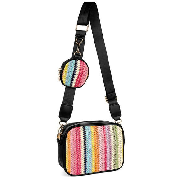 DODAMOUR Small Crossbody Bags with Removable Coin Purse Keychain, Shoulder Bag with Adjust Strap, Straw Plaiting Design Handbag for Women (Rainbow Strip)