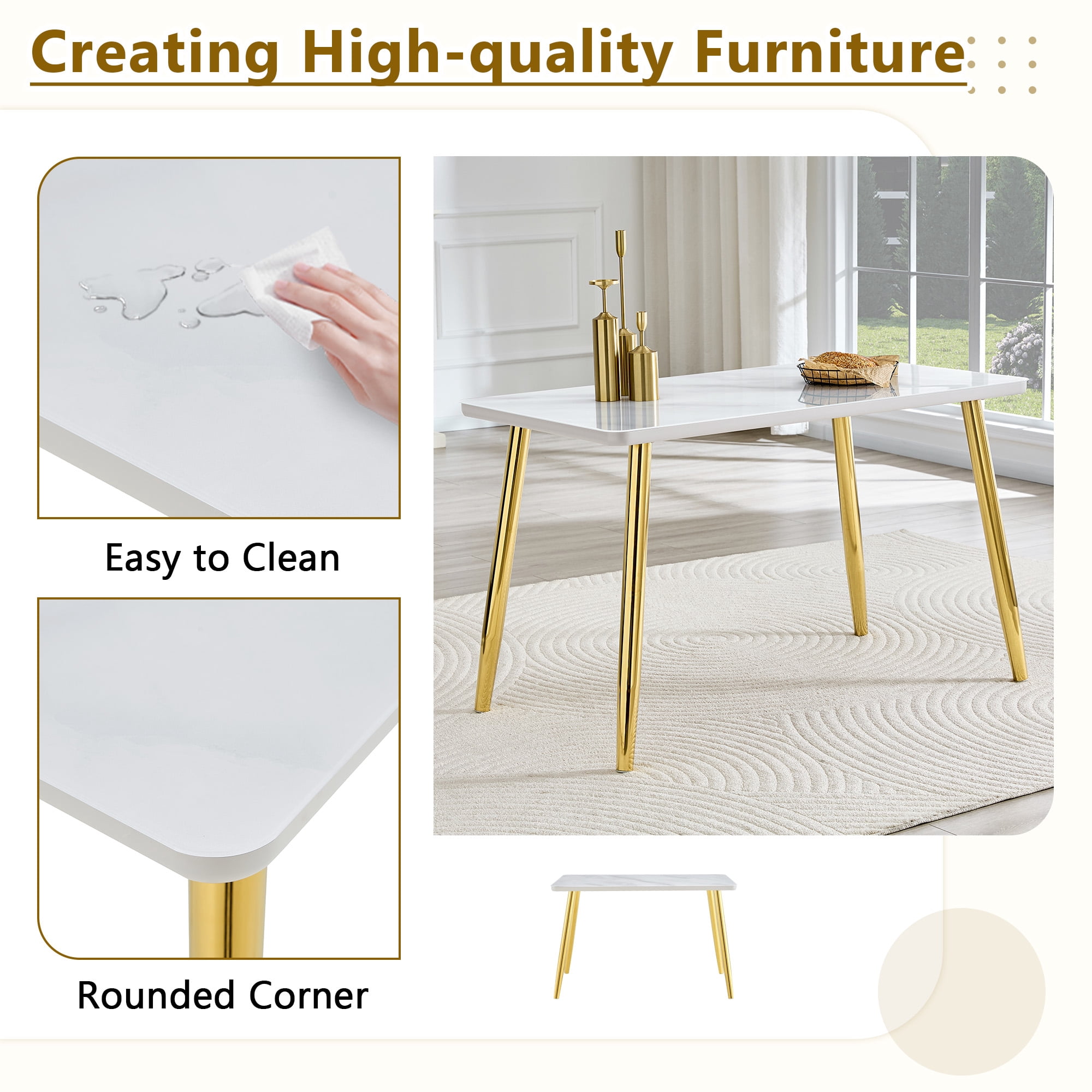 Hi loPres 47" White Modern Rectangular Dining Table for Apartments, Faux Marble Tempered Glass Top Kitchen Desk with Stable Gold Metal Legs, Minimalist Style