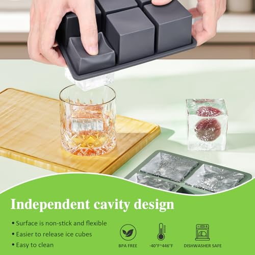 Large Whiskey Ice Cube Tray: 2-Inch Silicone Ice Mold with Lid, 3-Pack Square Cubed Tray for Cocktails, Bourbon, and Old Fashioned Drinks