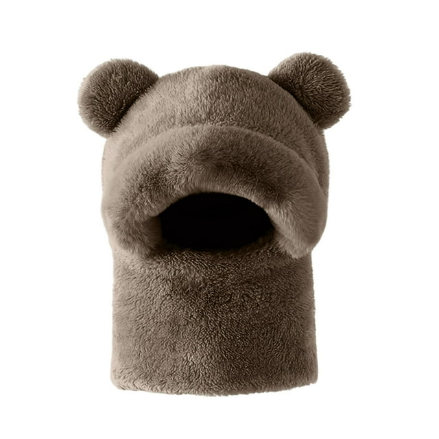 MIASHUI Adult Bear Ear Cartoon Pullover Hat Winter Neck Scarf Connected Thick Windproof Hat Ear Protection Scarf Brown