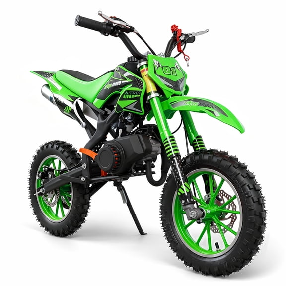 50cc Dirt Bike, 2 Stroke Gas Mini Bike for Kids 8-14 with Front Rear Disc Brakes,10 Inch Off-Road Tires,Shock Absorption,Seat Height 23.6in,Max Speed 25mph,2026 Upgraded,Green