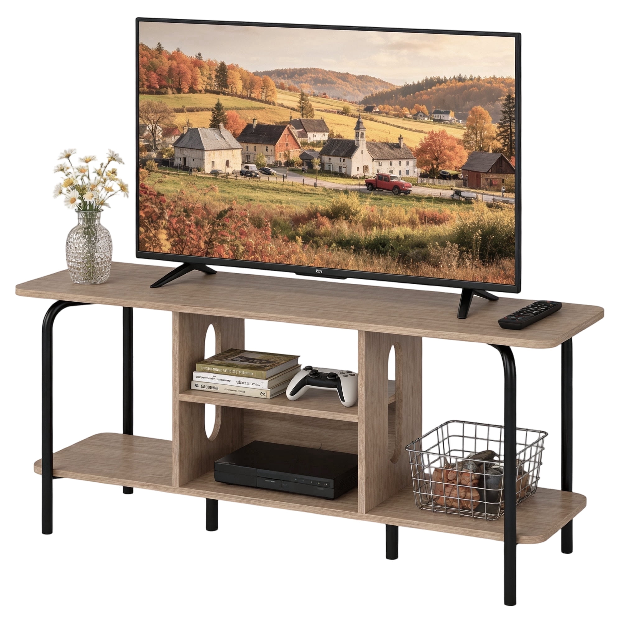 Manora  TV Stand for 55 inch, Modern Entertainment Center 3-Tier TV Console Table with Open Shelf for Living Room,Natural Color