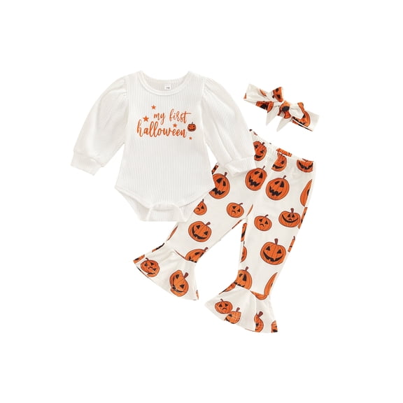 Loicainy Infant Baby Girl Halloween Clothes Set 3 6 12 18 Months Round Neck Long Sleeve Letter Printed Romper Pumpkin Printed Flare Pants Headband Fall Outfits