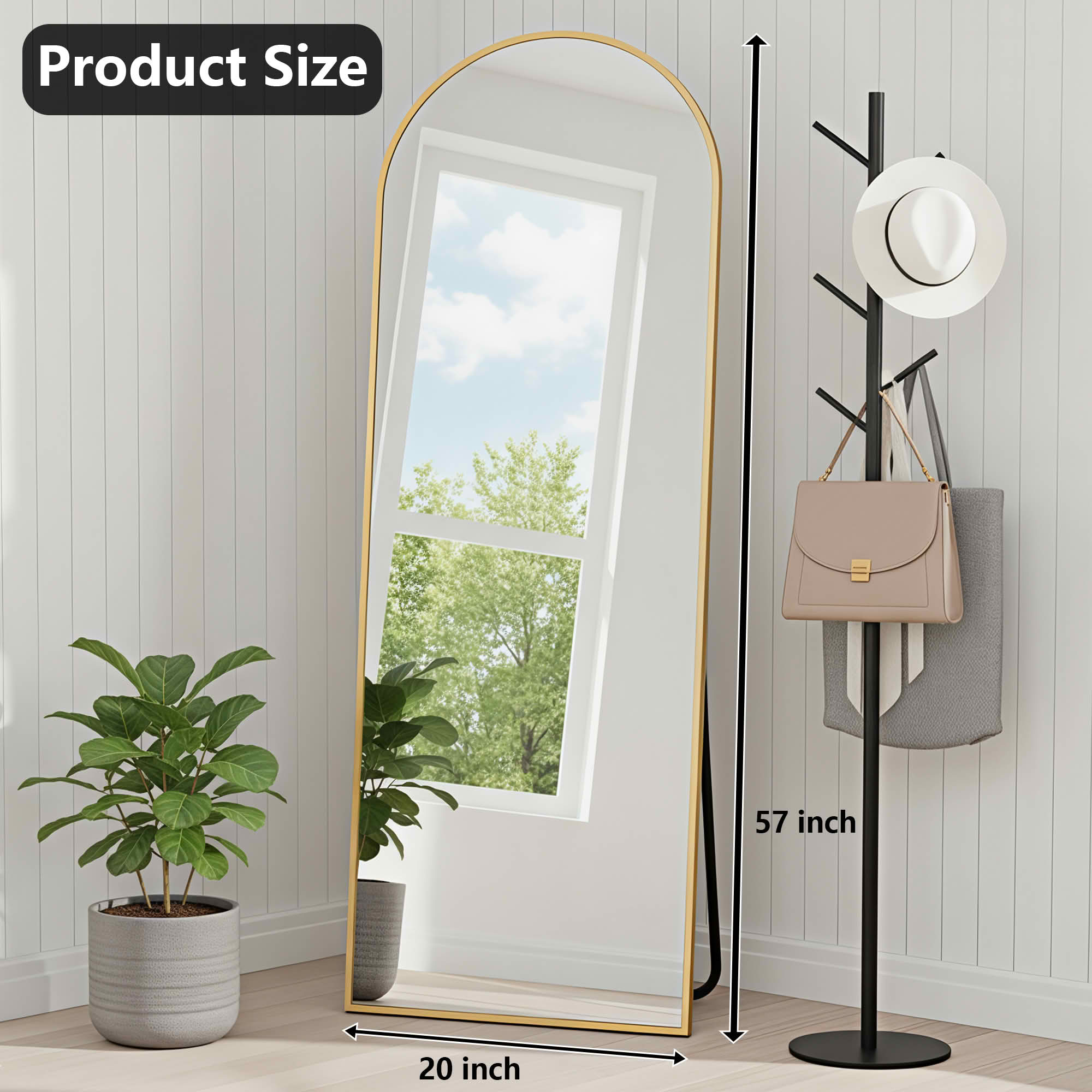 MAYEERTY 57x20in Aluminum Full-Length Mirror, Arch Shape Tempered Glass With Stand, Gold