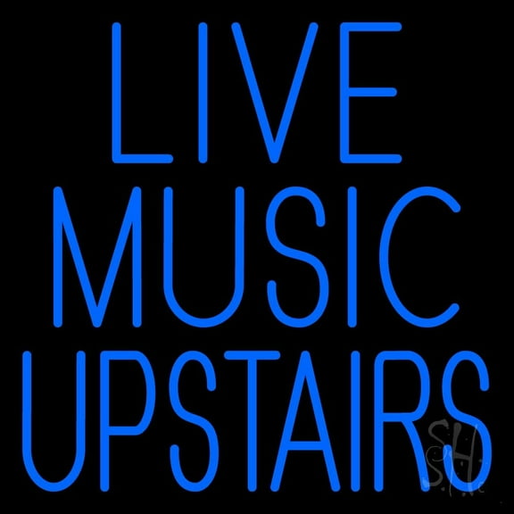 Live Music Upstairs Blue LED Neon Sign 24" Tall x 24" Wide - inches Black Square Cut Acrylic Backing, with Dimmer - Premium built indoor Sign for Studio, Club, Home décor, Event, Workshop, Storefront.