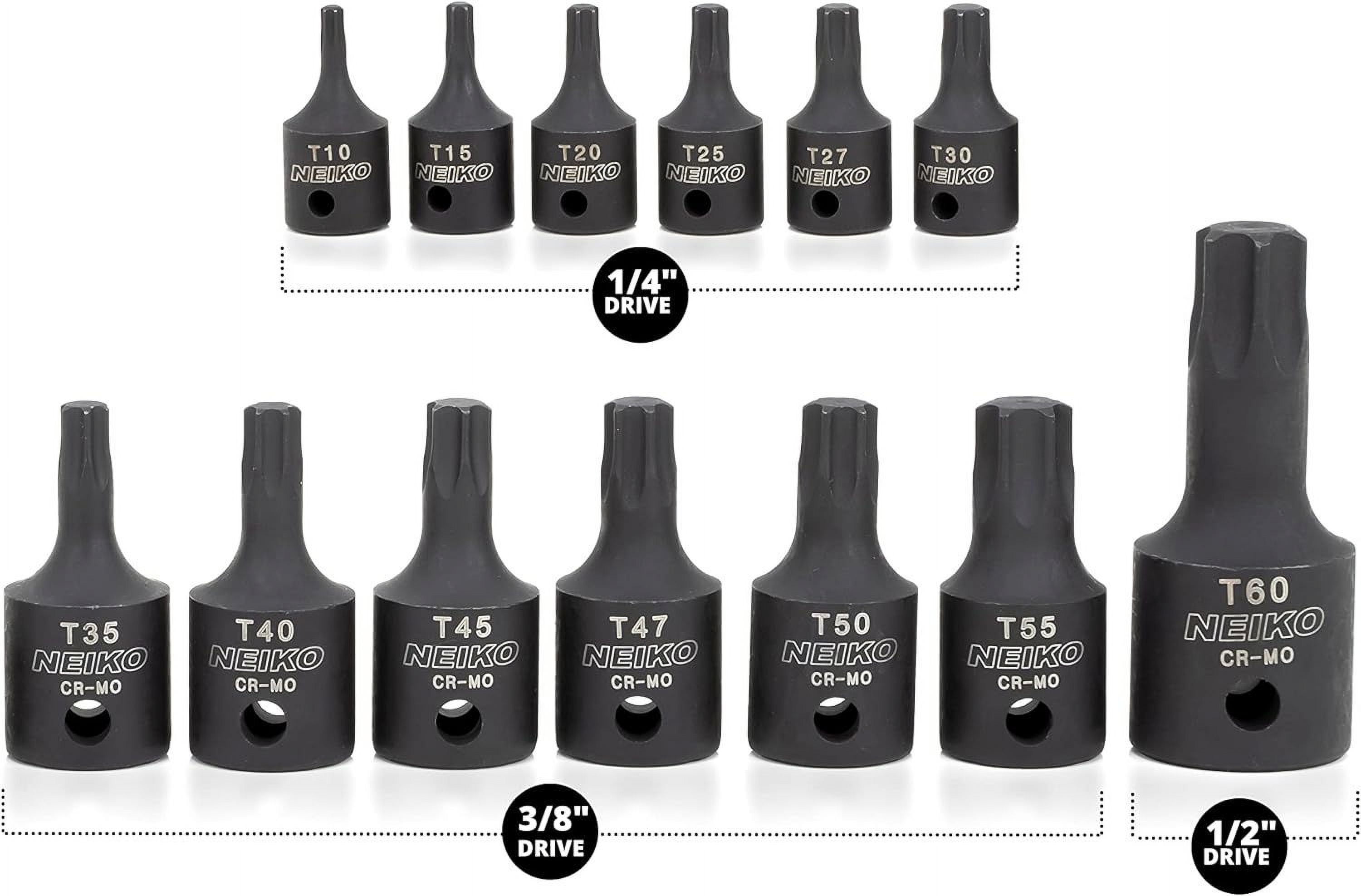 NEIKO 10281B Impact Torx Bit Socket Set, 1/4", 3/8", 1/2" Drive, 6 Point Star Sockets, Heavy Duty Impact Grade Cr-Mo, T10 to T60 High Impact, Professional Grade Auto & Motorcycle Mechanic Socket Set
