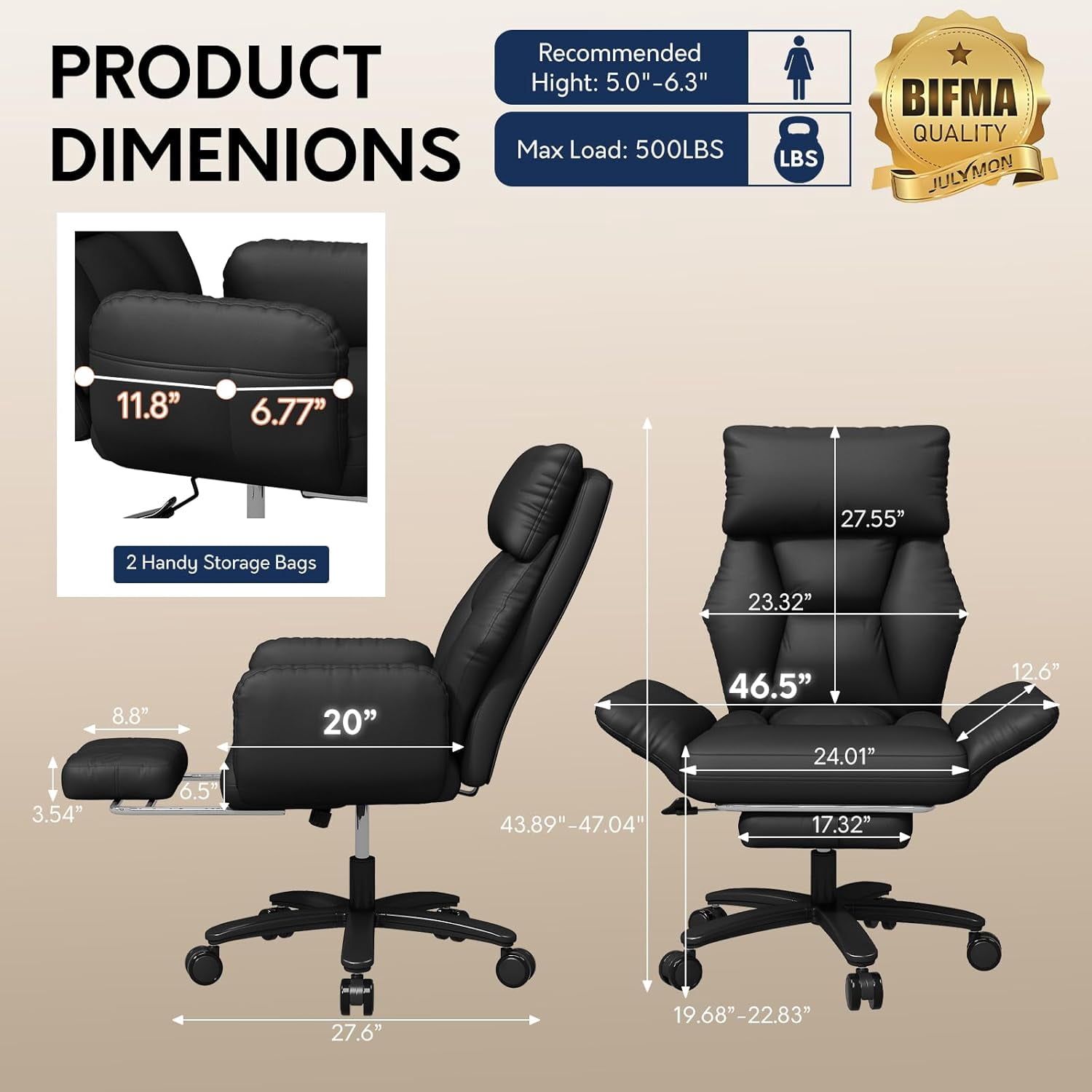 Genpo Criss Cross Desk Chair, Cross Legged Office Chair with Wheels, Black Leather Big and Tall Reclining Office Chair 500lbs with Foot Rest, Reversible Armrests & Wide Seat