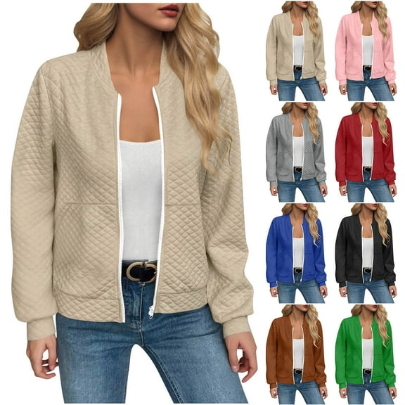 CFLVAEK Waffle Knit Jacket for Women Casual Zip Up Bomber Jackets Casual Long Sleeve Fall Coat Solid Color Outwear with Pockets Blue M