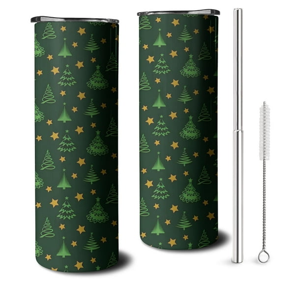 20oz Green Christmas Tree and Star Pattern Skinny Tumblers Stainless Steel Tumbler with Lid and Straw,Vacuum Insulated Double Wall Travel Tumbler Cups with Cleaning Brush for Coffee,Tea