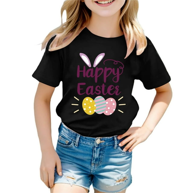 MIASHUI T-Shirt Graphique de Pâques à Manches Courtes pour Garçons, Confortable et Décontracté, Imprimé pour Filles, Noir, 3-4 Ans