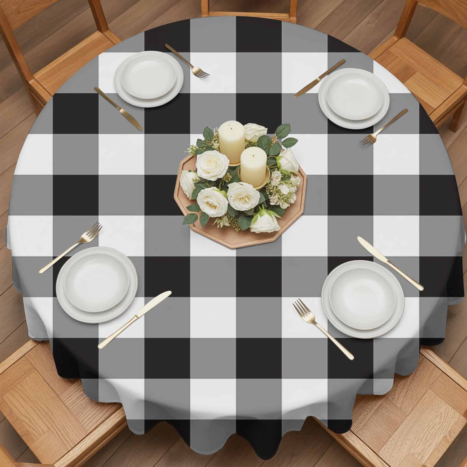 Round Tablecloth Black White Checkered Plaid Waterproof Oil Proof Polyester Table Cloth Cover Decor for Home Dining Outdoor,Patio,Parties, 60" Dia. Rustic Farmhouse Pattern